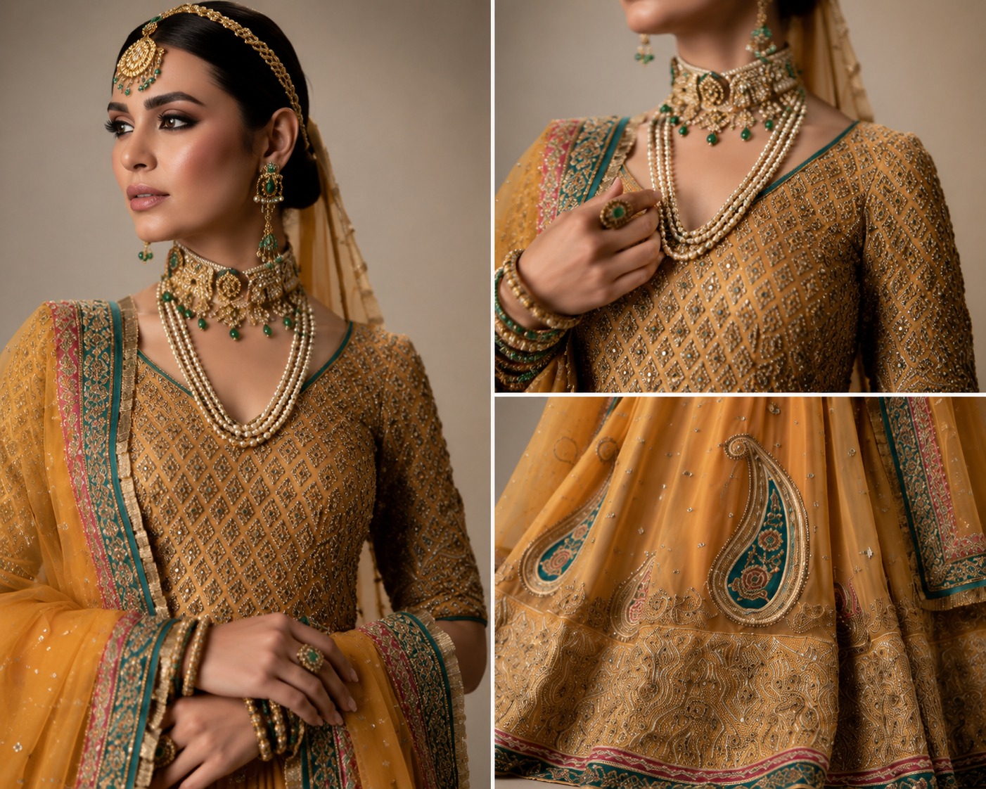Mayur – Intricate Paisley Gold & Emerald Velvet Ensemble